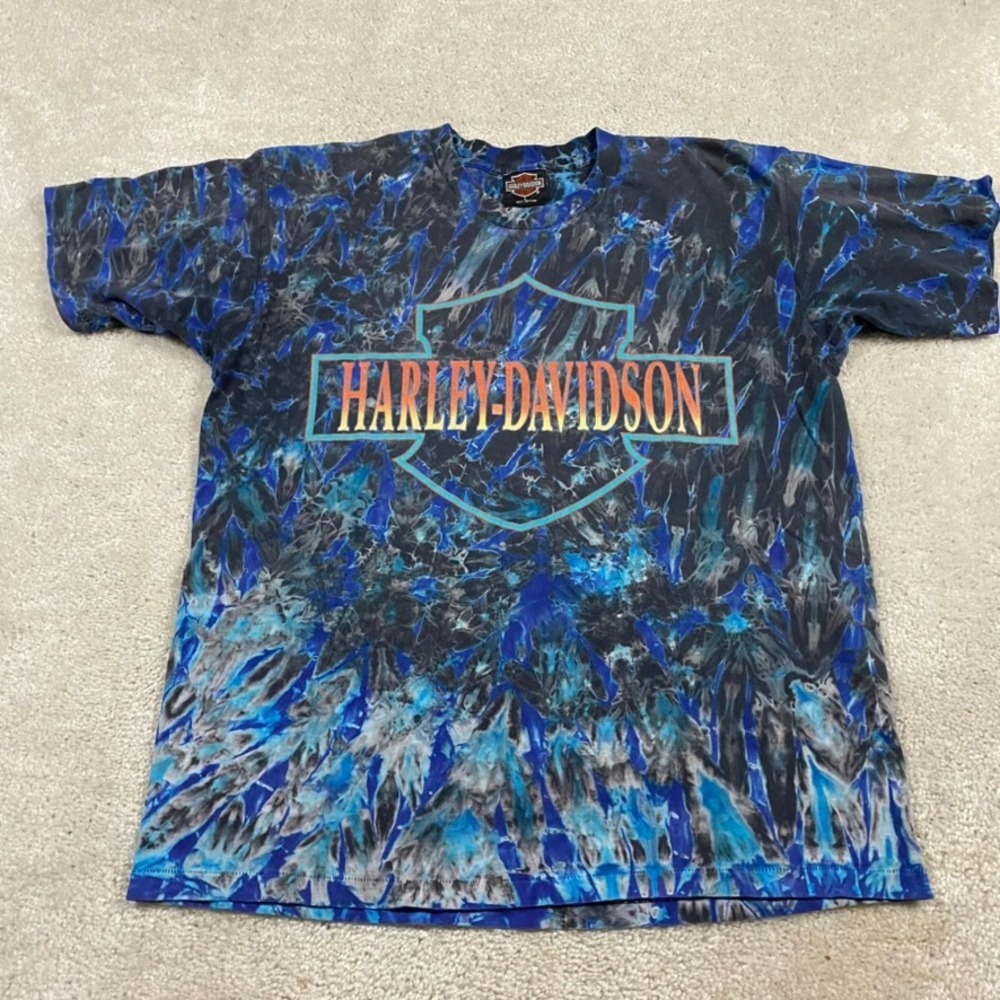 VTG Harley-Davidson Shirt Mens L Blue Marble Tie Dye Shenandoah VA Eagle USA 90s